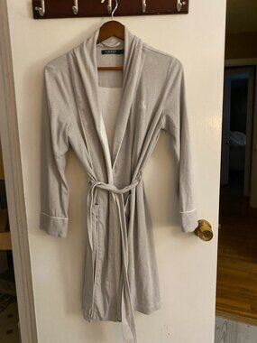 Lauren Ralph Lauren Womens Shawl Collar Gray Herringbone Pattern Belted Robe - S
